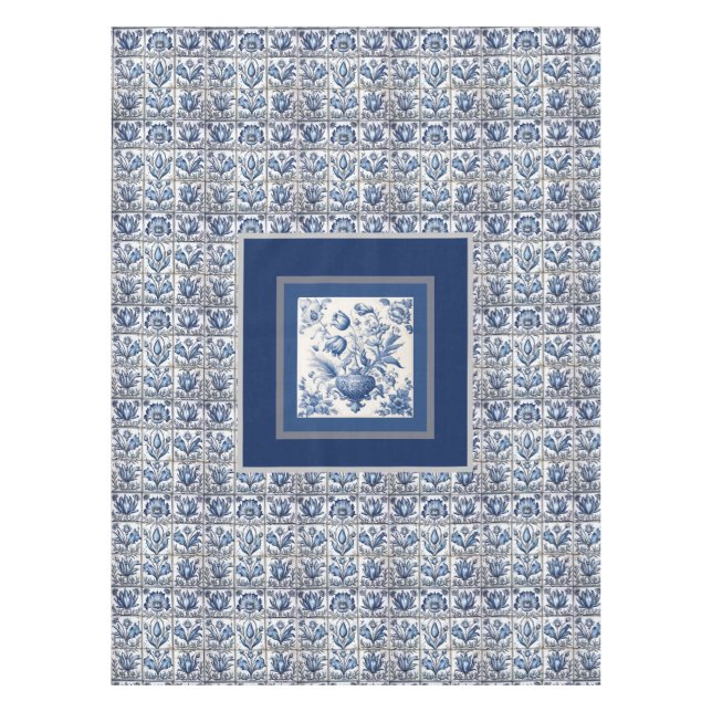 Stunning floral Blue toile de jouy monogram Tablecloth (Front)
