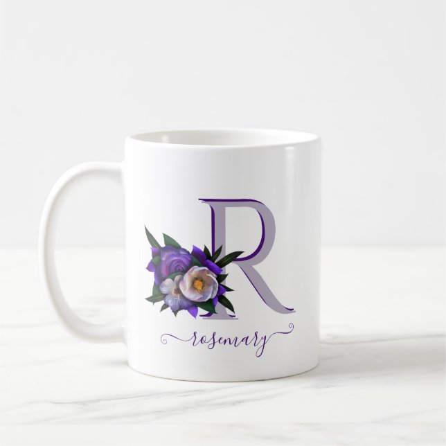Stunning Floral Lavender White Custom Monogram  Coffee Mug (Left)