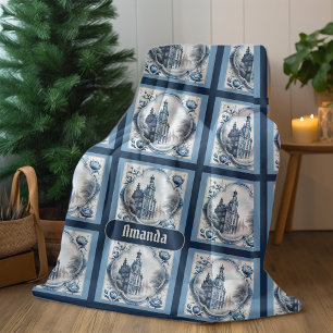 Stunning floral palace chinoiserie toile monogram fleece blanket