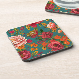 Stunning floral pink green orange and teal coaster