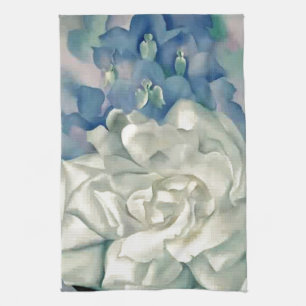 Stunning Georgia O'Keefe White Rose and Larkspur Tea Towel