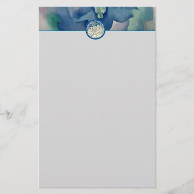 Stunning Georgia O'Keeffe White Rose and Larkspur Stationery (Front)