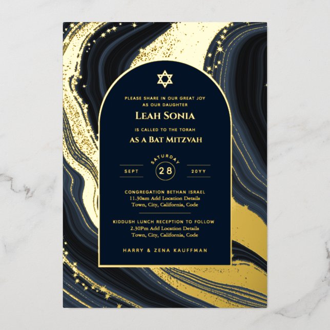 Stunning GOLD FOIL Blue Agate Marble Bat Mitzvah F (Front)