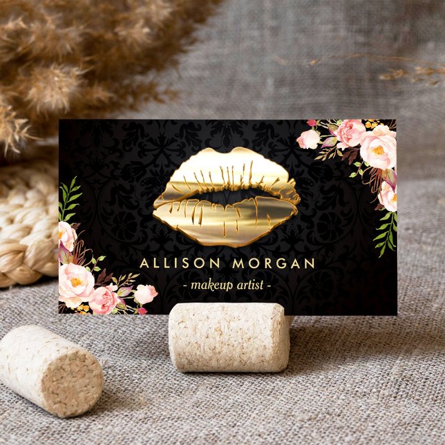 Stunning Gold Lips Makeup Artist Floral Business Card (Creator Uploaded)