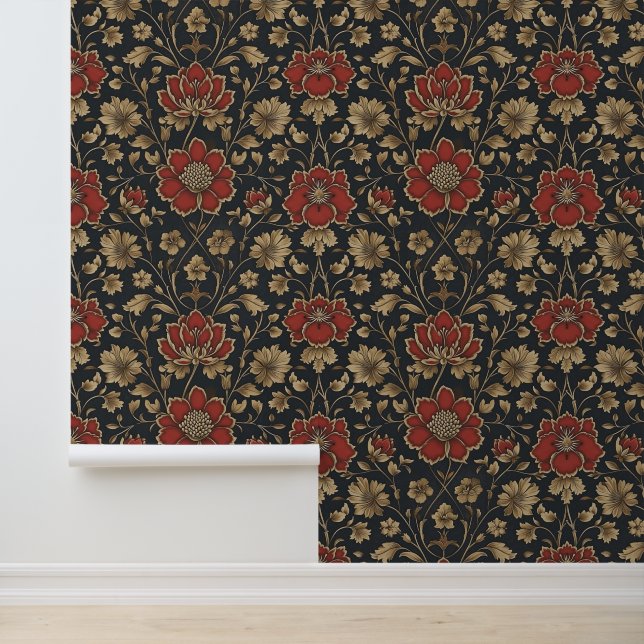 Stunning Gold Red Floral Pattern Peel And Stick Wallpaper (Application)