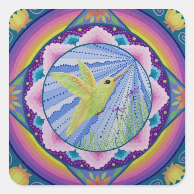 stunning green and gold hummingbird mandala square sticker (Front)