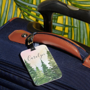 Stunning green watercolor trees & Rainbow Sunset Luggage Tag