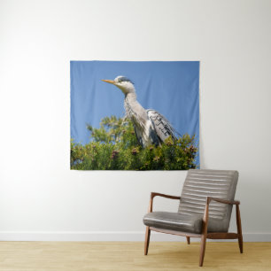 Stunning Grey Heron Sitting on Tree with Puffed Up Tapestry