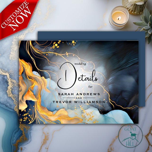 Stunning Indigo Blue and Gold Abstract Enclosure Card (Easy to personalize template- part of a matching wedding suite)