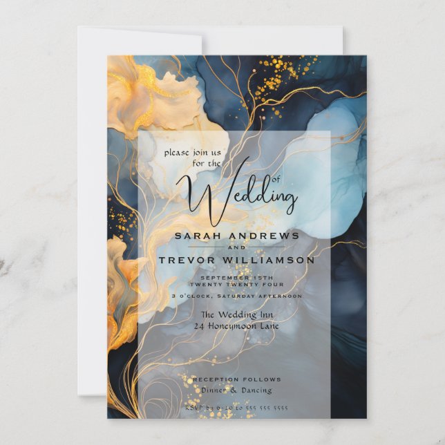Stunning Indigo Blue and Gold Abstract Invitation (Front)
