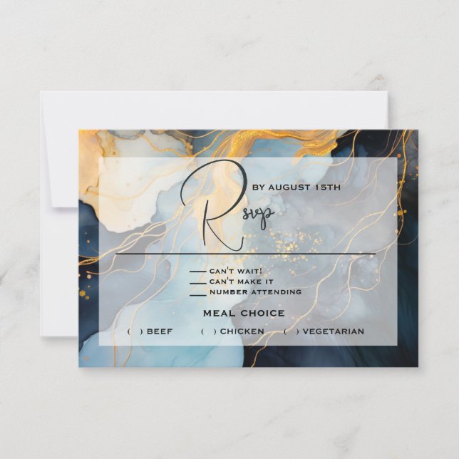 Stunning Indigo Blue and Gold Abstract RSVP Card (Front)