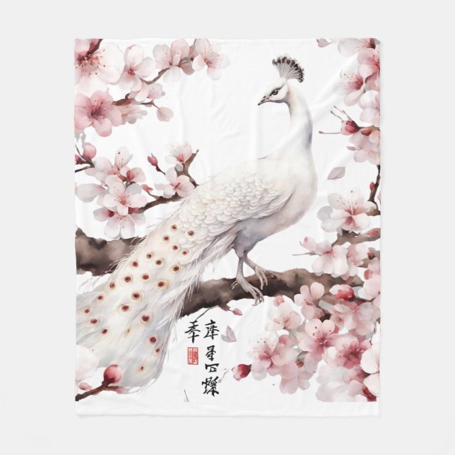 Stunning Japanese Watercolor Peacock Blanket  (Front)