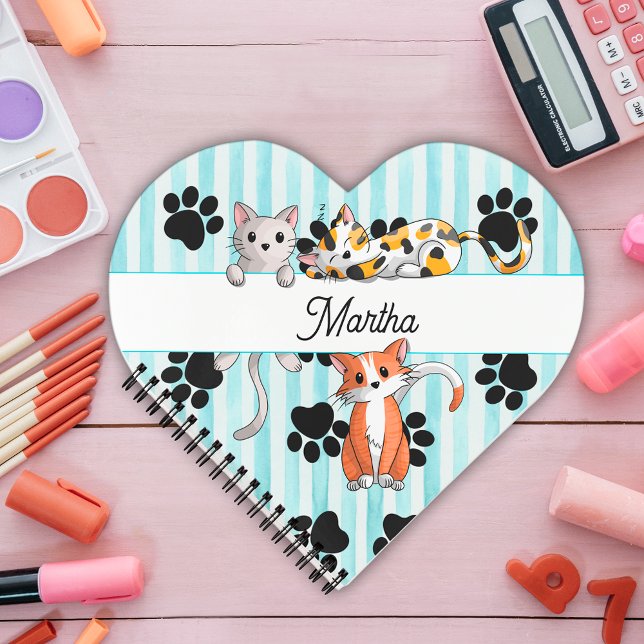 Stunning Kittens & paws, blue striped heart shape Notebook (Creator Uploaded)