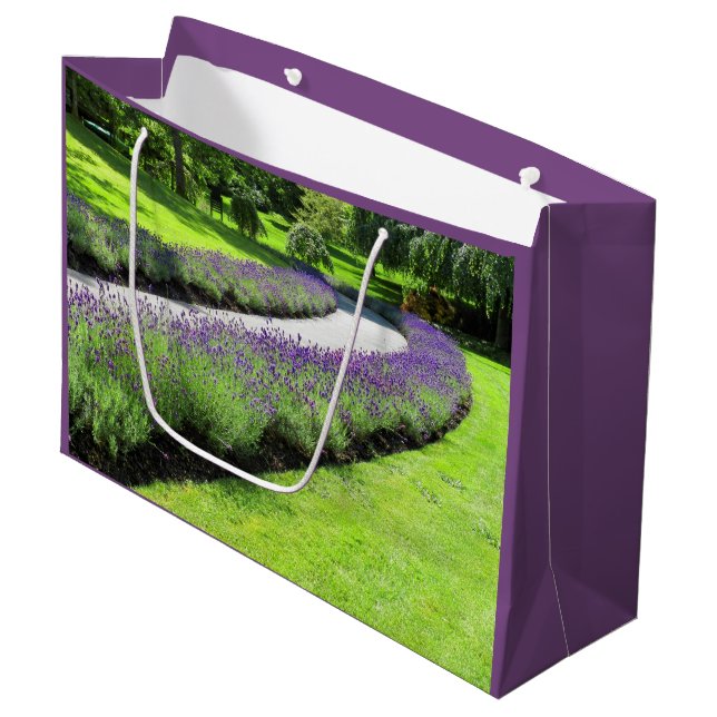 Stunning Lavender-Lined Garden Walk Landscape Large Gift Bag (Front Angled)