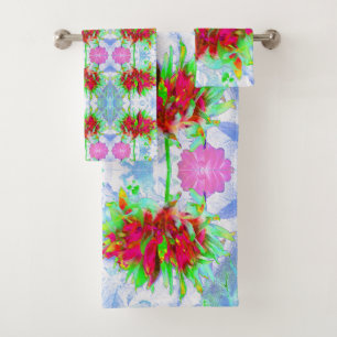 Stunning Lime Green and Red Cactus Dahlia Bath Towel Set
