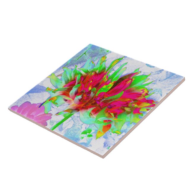 Stunning Lime Green and Red Cactus Dahlia Ceramic Tile (Side)