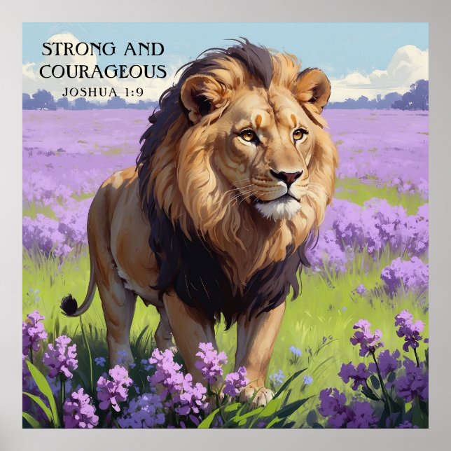 Stunning Lion in Lilac Flower Field Faith Poster (Front)