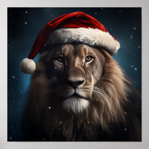 Stunning lion wearing a Santa Claus hat Poster