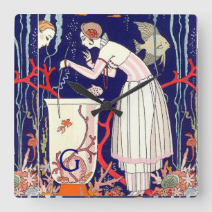 STUNNING LITTLE FISH , BEAUTY FASHION MONOGRAM SQUARE WALL CLOCK