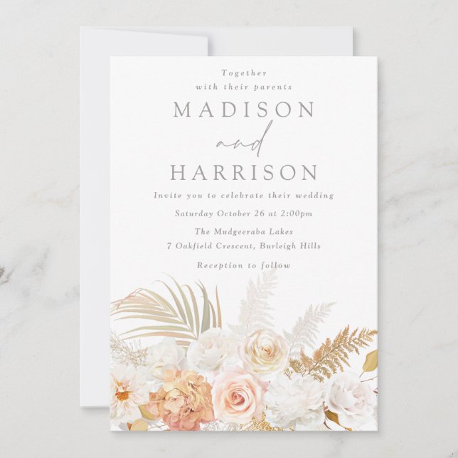 Stunning Modern Blush Gold & White Floral Wedding Invitation (Front)