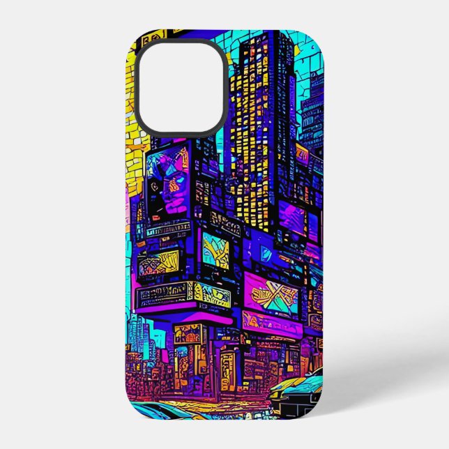Stunning Mosaic Stained Glass Neon Cyberpunk City iPhone Case (Back)