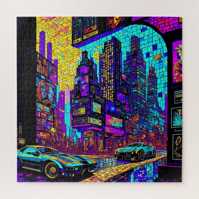 Stunning Mosaic Stained Glass Neon Cyberpunk City Jigsaw Puzzle (Vertical)