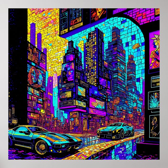 Stunning Mosaic Stained Glass Neon Cyberpunk City Poster (Front)