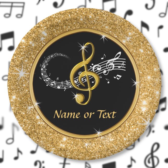 Stunning Music Note Paper Plates, Black and Gold Paper Plate (Music themed paper plates. Music note plates. Musical party supplies. Music graduation party. Gold.)