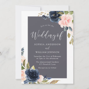 Stunning Navy & Blush Floral Elegant Wedding Invitation