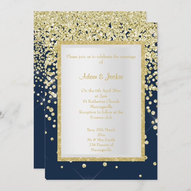 STUNNING NAVY GOLD SPARKLE WEDDING CUSTOM INVITATION (Front/Back)