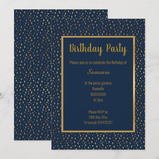 STUNNING NAVY GOLD TRIM ELEGANT BIRTHDAY INVITATION (Front/Back)