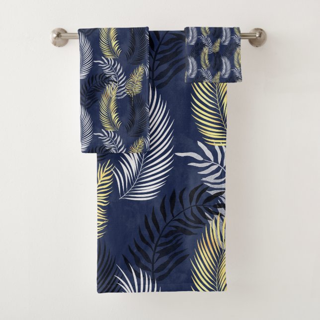 STUNNING NAVY GOLD WHITE BATHROOM TOWEL SET (Insitu)