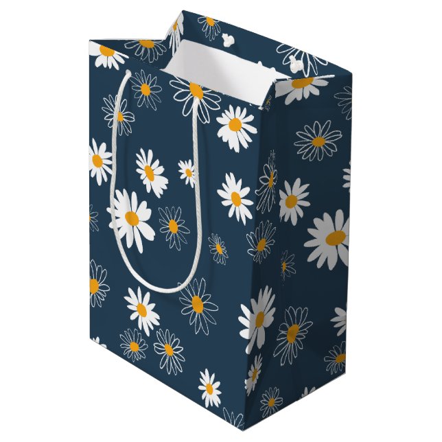Stunning Navy Yellow White Classic Daisy Flowers Medium Gift Bag (Back Angled)