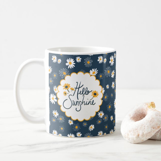 Stunning Navy Yellow White Daisies Hello Sunshine Coffee Mug (With Donut)