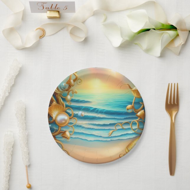 Stunning Ocean with Diamonds and Pearls Paper Plate (Wedding)