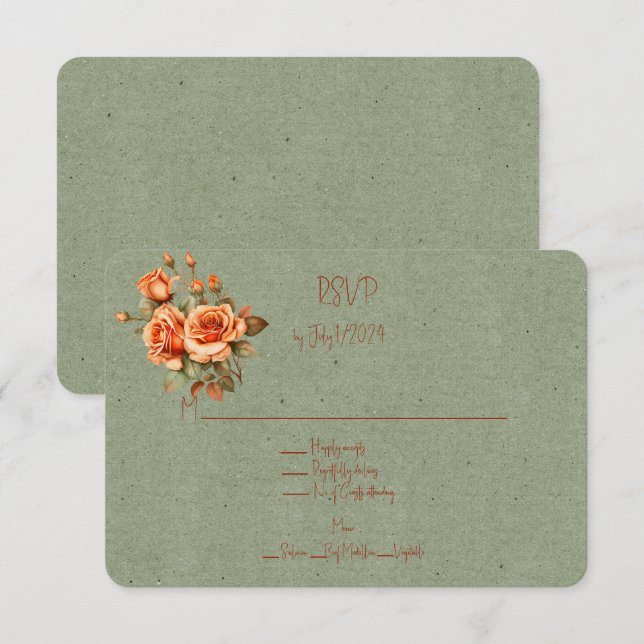 Stunning Orange and Green Floral Wedding Bouquet RSVP Card (Front/Back)
