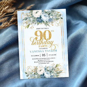 Stunning pastel blue gold frame 90th birthday invitation