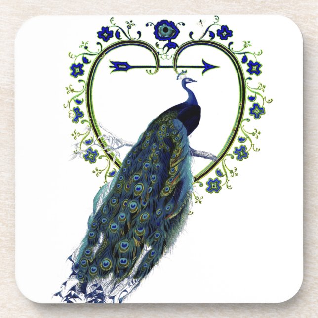 Stunning Peacock and ornate heart flower frame Coaster (Front)