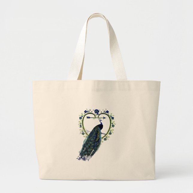 Stunning Peacock and ornate heart flower frame Large Tote Bag (Front)