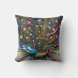 Stunning Peacock in Huichol Style Art Cushion