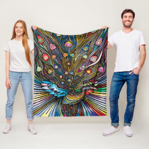 Stunning Peacock in Huichol Style Art Fleece Blanket