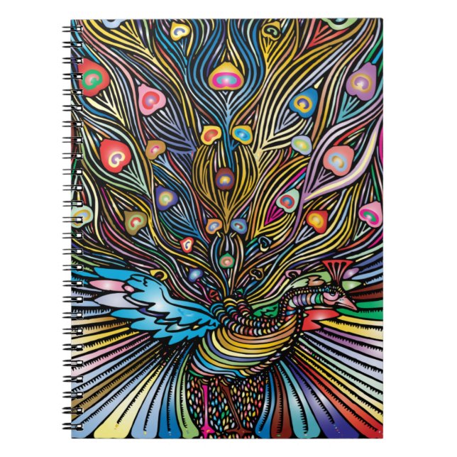 Stunning Peacock in Huichol Style Art Notebook (Front)