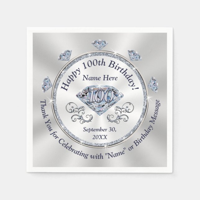 Stunning Personalised, 100th Birthday Napkins (Front)