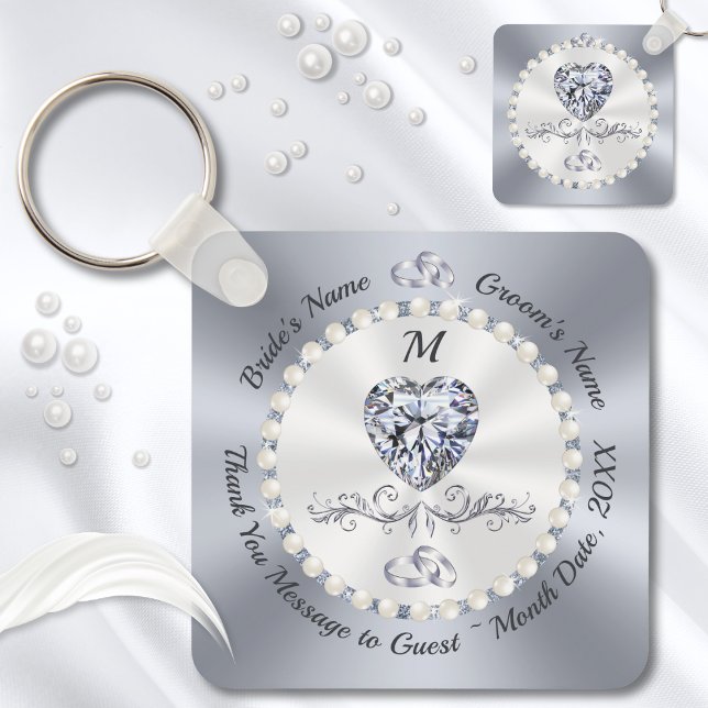 Stunning Personalised, Diamond Wedding Favours,  Key Ring (Small gifts for wedding guests. Wedding keychains. Personalized wedding party favors. Heart Diamond.)