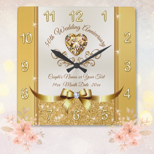 Stunning, Personalised Golden Anniversary Clock (50th anniversary clock. Gift ideas for friends 50th anniversary. Golden wedding anniversary gifts.)