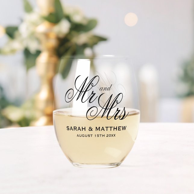 Stunning personalised Mr and Mrs wedding Stemless Wine Glass (Insitu (Wedding))