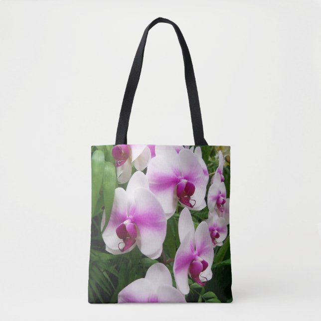 Stunning pink and white orchids all over printed tote bag (Front)