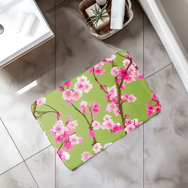 Stunning Pink Cherry Blossoms on Chartreuse Green  Bath Mat (Beautiful Pink Cherry Blossoms on Chartreuse Bath Mat)