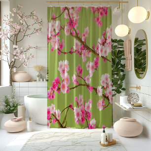 Stunning Pink Cherry Blossoms on Chartreuse Green Shower Curtain