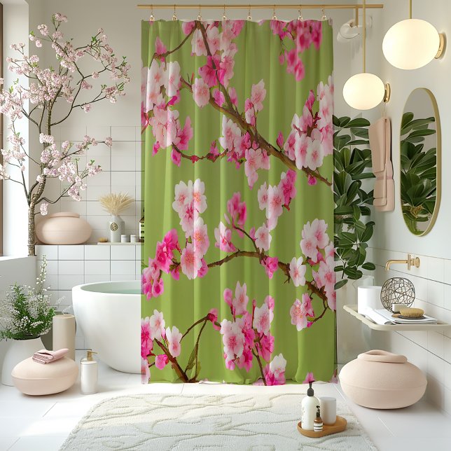 Stunning Pink Cherry Blossoms on Chartreuse Green Shower Curtain (Stunning Cherry Blossoms on Chartreuse Shower Curtain)